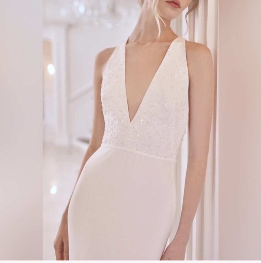 Sachin & Babi "Gabriella" Embellished Plunge V-Neck Crepe Bridal Gown Size 0 - Picture 2 of 16